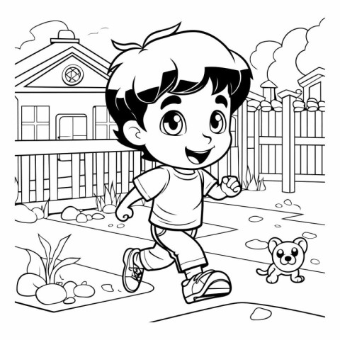 Cute little boy running and playing in the garden. Black and whi