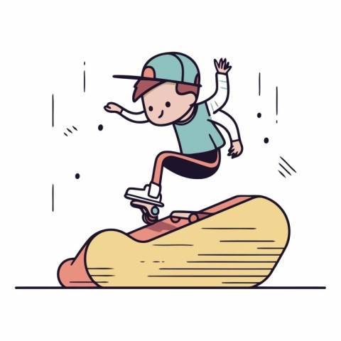 Boy riding a skateboard in thin line style.