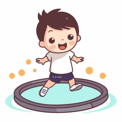 Cute little boy jumping on a swimming pool.