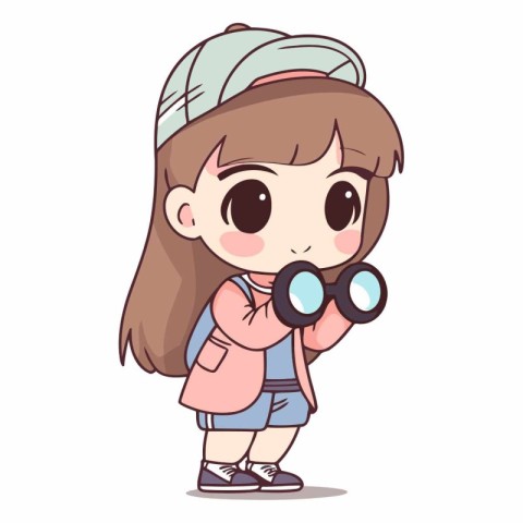 Girl with binoculars. Cute cartoon character vector illustration