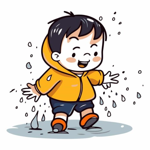 Cute boy playing in the rain. Vector clip art illustration.