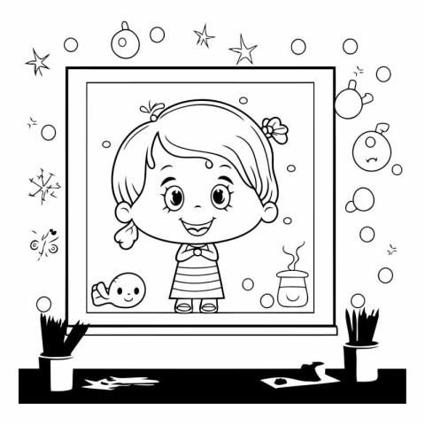 Black and white illustration of a girl in the mirror. Coloring b