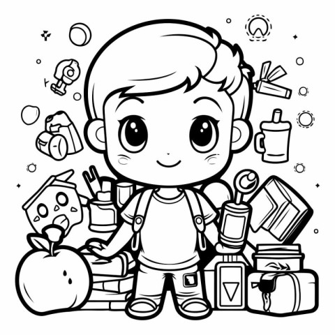 Vector illustration of a little boy with school supplies. Colori