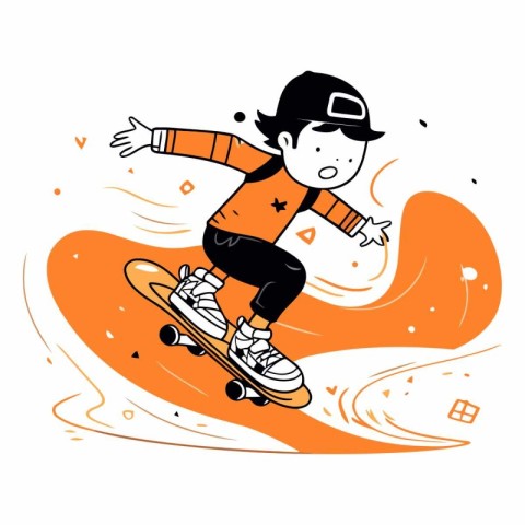 Vector illustration of a boy riding a skateboard on an orange ba