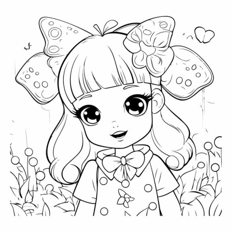 Cute little girl in the garden. black and white vector illustrat