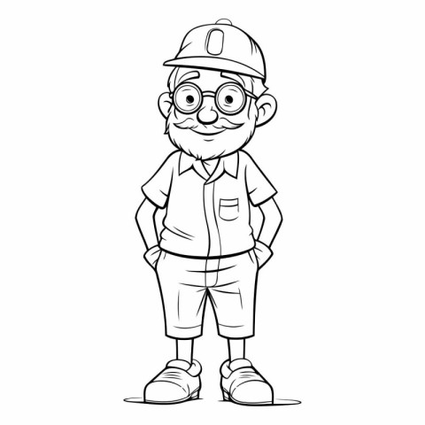 Outline illustration of a cartoon old man in a helmet and glasse