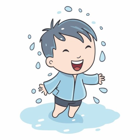 Happy little boy playing in the rain. Cute cartoon style.