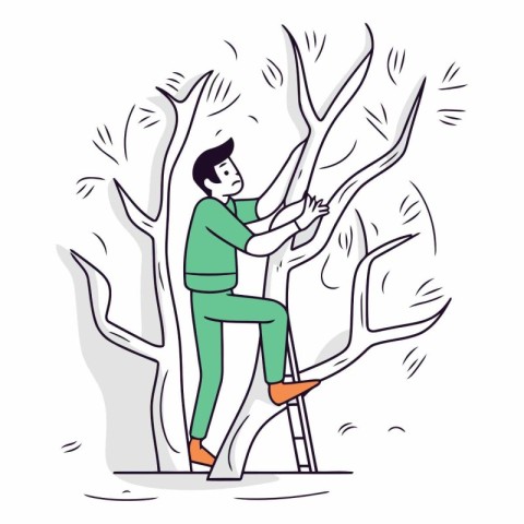 Man pruning a tree with a ladder. Flat vector illustration.