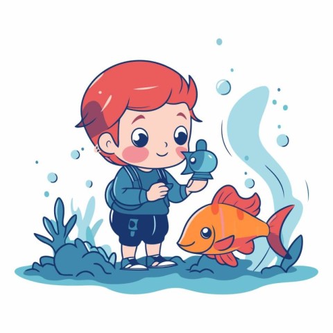 Cute little boy holding a fish in his hand.
