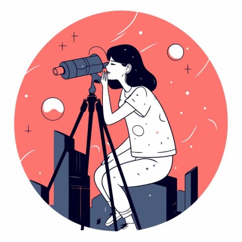 Vector illustration of a girl looking through a telescope on the