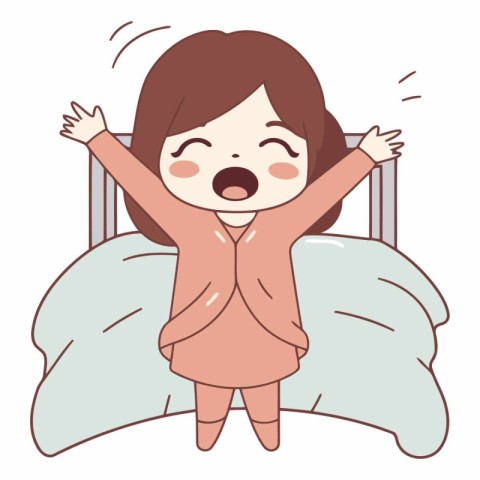 Illustration of a little girl yawning while lying on the bed