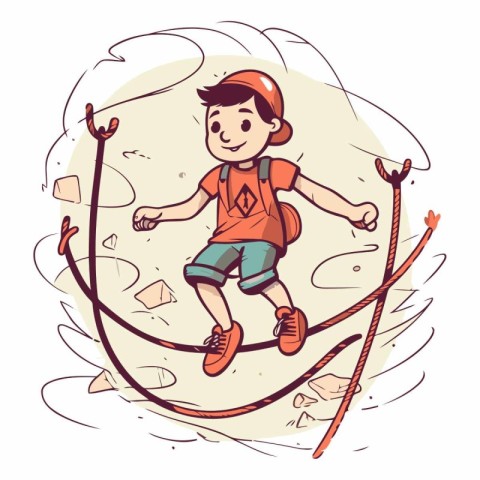 Little boy climbing on a rope in cartoon style.