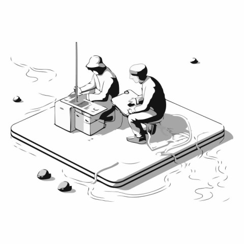 fishermen fishing on a mobile phone in isometric 3d illustration