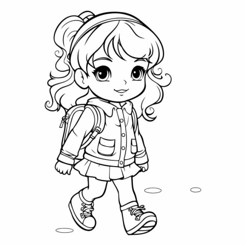 Coloring Page Outline Of a Cute Little Schoolgirl Walking