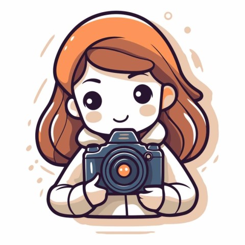 Illustration of a Kid Girl Holding a Photo Camera and Smiling