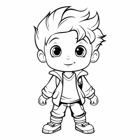 Cute little boy with backpack for coloring book.