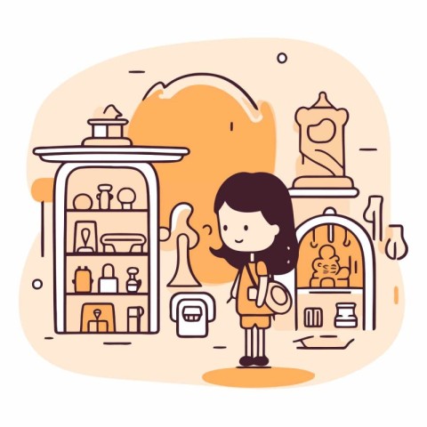 Cute little girl shopping in the store in cartoon style