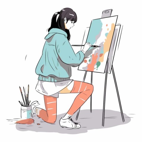 Illustration of a girl painting a picture on an easel.