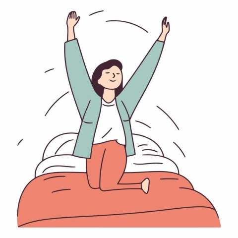 Happy young woman sitting on the bed and raising hands up. Flat