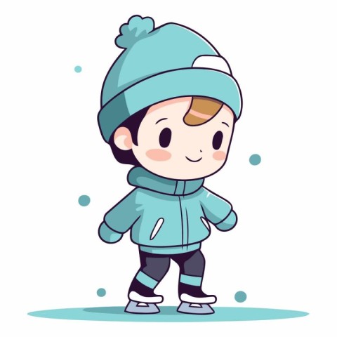 Cute boy in winter clothes skating on ice. Cartoon vector illust