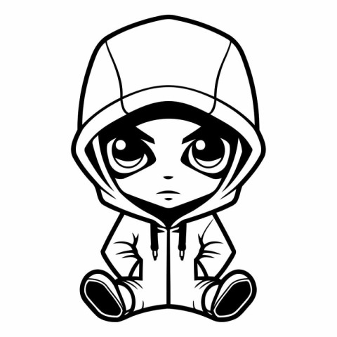 Cute black and white vector illustration of a sad boy in a hoodi