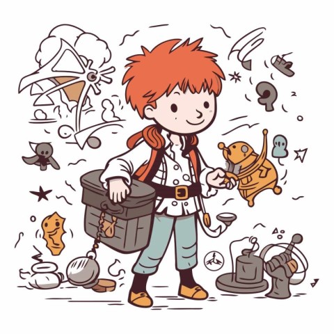 Boy with a treasure chest in doodle style.