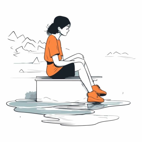 Young woman sitting on the edge of a lake.