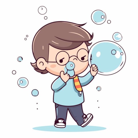 Cute boy blowing soap bubbles in cartoon style.