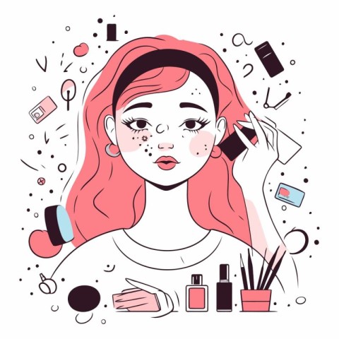 Vector illustration of a girl with red hair applying cosmetics o