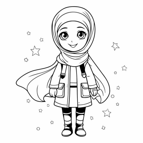 Cute muslim girl in hijab for coloring book.