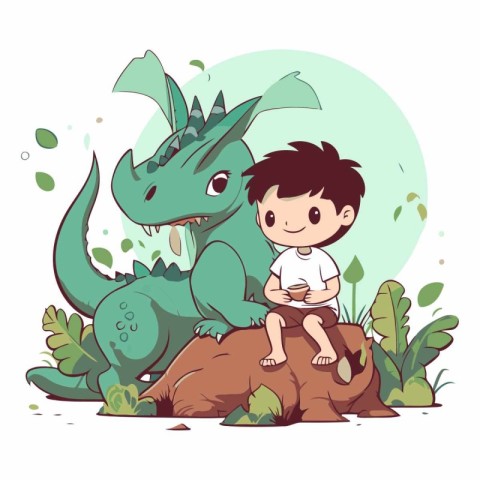 Cute little boy playing with a dinosaur in cartoon style.