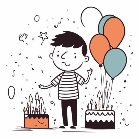 Cute boy with birthday cake and balloons in cartoon style.