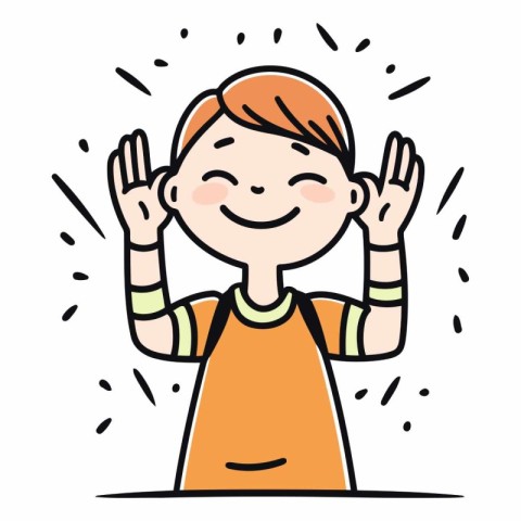 Cartoon happy smiling little boy with raised hands.