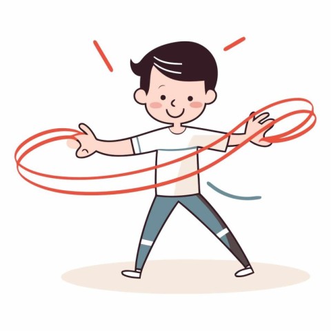 Boy playing with hula hoop in cartoon style.