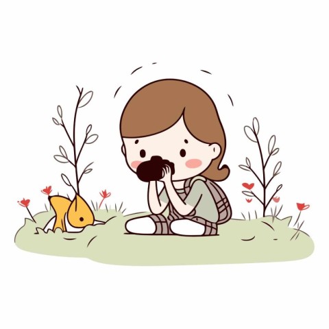 Illustration of a Kid Boy Sitting on the Grass with a Cat