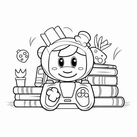 Vector illustration of a little boy playing video games on a con