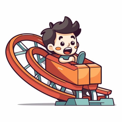 Cartoon illustration of a boy sliding on an amusement park slide