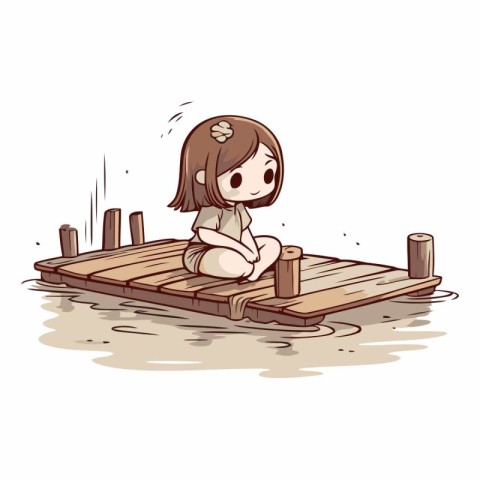 Illustration of a little girl sitting on a wooden raft in the ri