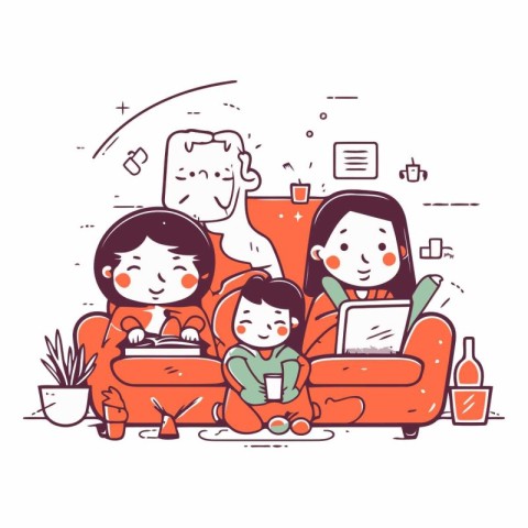 Illustration of happy family spending time together at home.