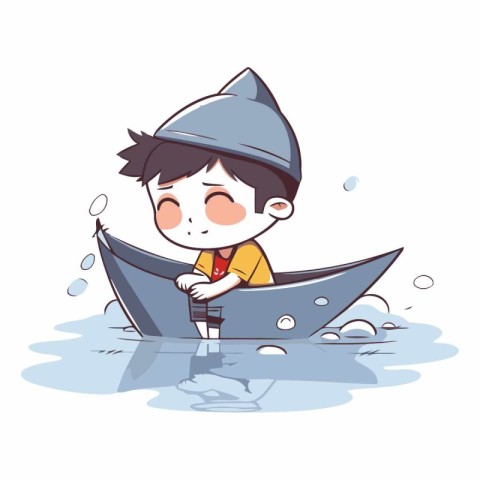 Little boy in a boat. Cute cartoon character.