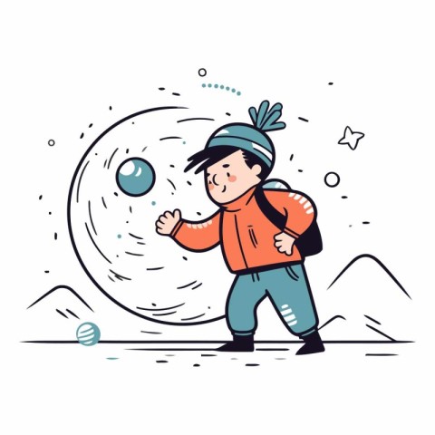 Cute little boy playing with planet in cartoon style.