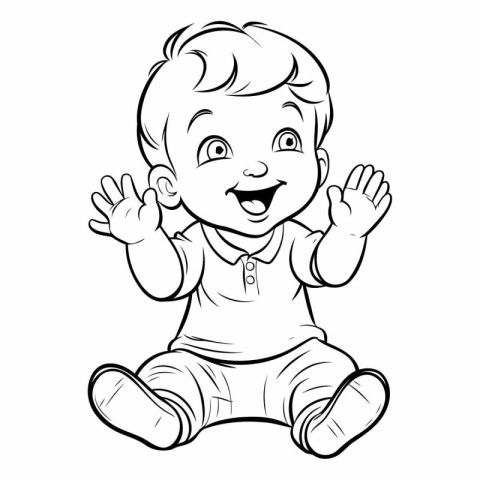 Cute little boy waving his hand. black and white vector illustra