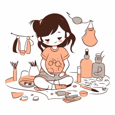 Cute little girl playing pottery. Hand drawn vector illustration