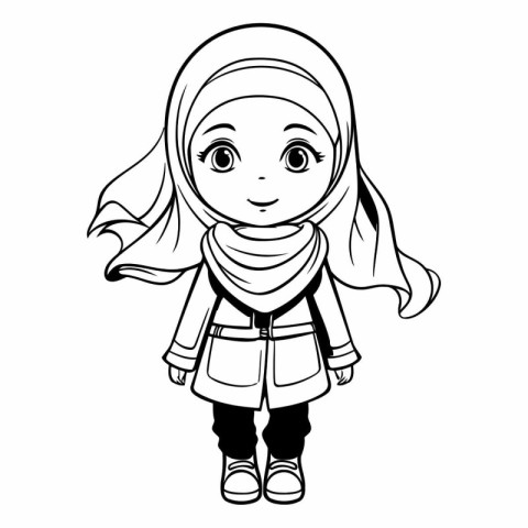 Cute cartoon muslim girl in traditional clothes.