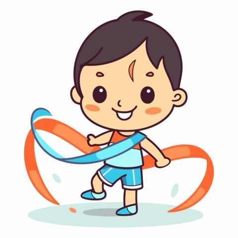 Cute little boy running with ribbon. Vector cartoon character il