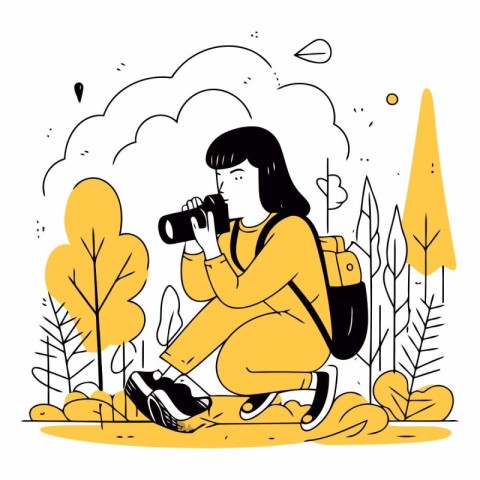 Vector illustration of a girl in a yellow jacket with a backpack