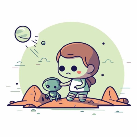 Cute little boy playing with alien on the beach.