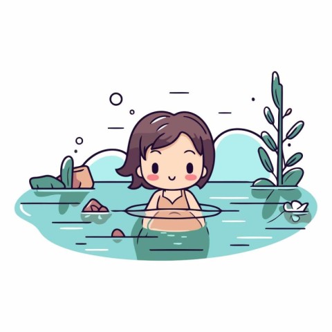 Illustration of a cute little girl swimming in a pond