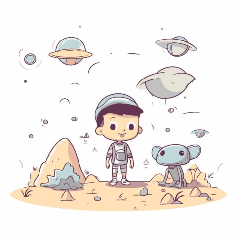 Cute little boy playing with alien in the space.