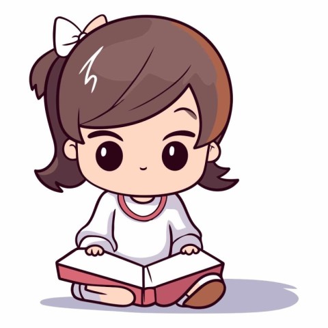 Cute little girl reading a book in cartoon style.